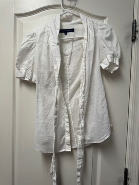French Connection White Tie-Front Puff Sleeve Blouse